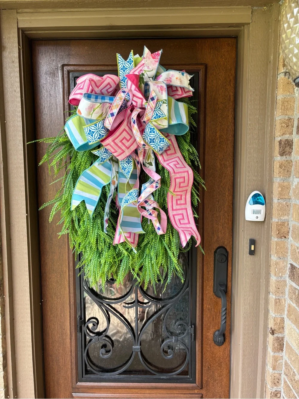 Spring Greenery Door Swag with Pink & Blue Ribbon